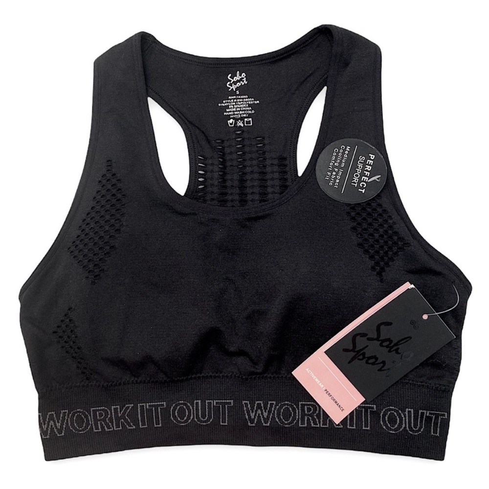 Soba Sport Black Work It Out Sports Bra Racerback Activewear Quick Dry Workout